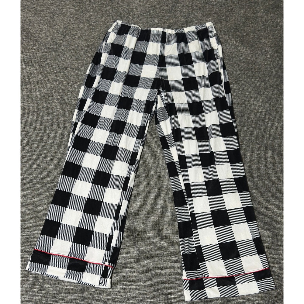 Joyspun Womens L Pajama Pants Black White Buffalo Plaid Fleece